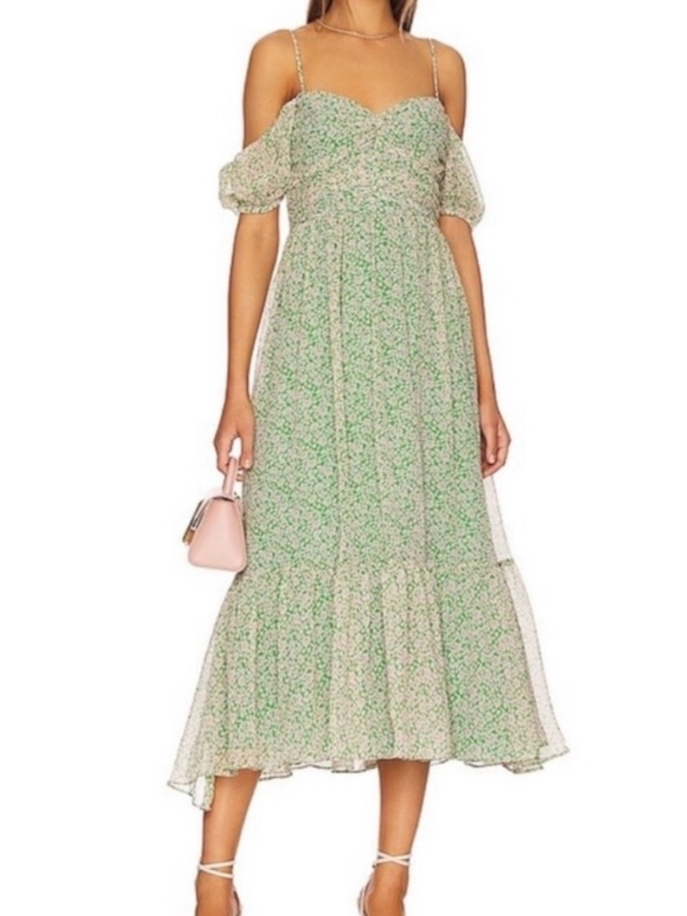 Bardot Fauna Midi Dress in Green Floral Cold Shoulder size Small US 4 $149